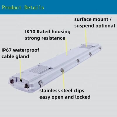 Superfície montada 4FT 0-10V DIM Led Triproof Batten Light Fixture IP67 Vapor Tight para armazenamento 5-